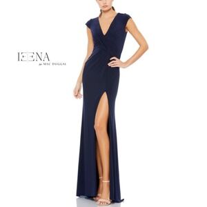 NWT Ieena Mac Duggal Navy Blue Cap Sleeve A-Line Mermaid V-Neck High Slit Gown 4